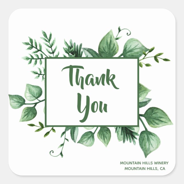 Botanical Greenery "Thank You" Marketing Square Sticker (Front)