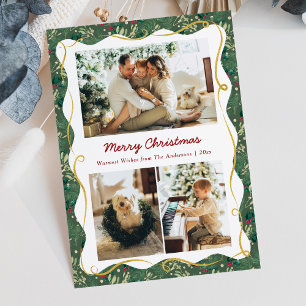 Botanical Greenery Vintage Christmas 3 Photo Holiday Card