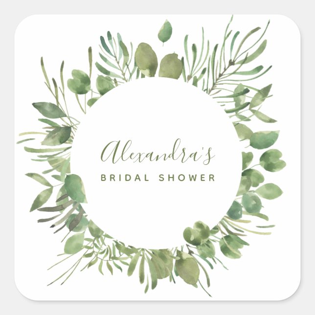 Botanical Greenery Watercolor Bridal Shower Square Sticker (Front)