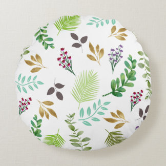 Botanical Greenery Watercolor Cottage Round Pillow
