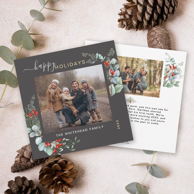 Botanical Greenery Watercolor Elegant Dark Grey Holiday Card (You will love these beautiful Christmas cards! They feature botanical watercolor pine and berries.)