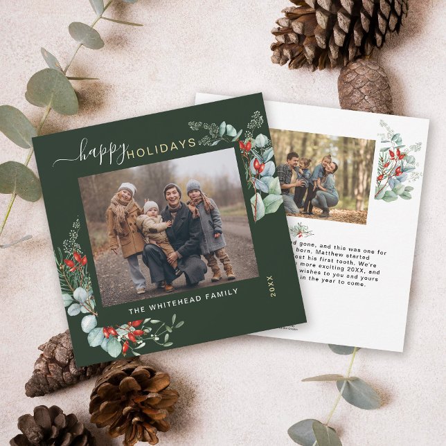 Botanical Greenery Watercolor Elegant Forest Green Holiday Card (You will love these beautiful Christmas cards! They feature botanical watercolor pine and berries.)