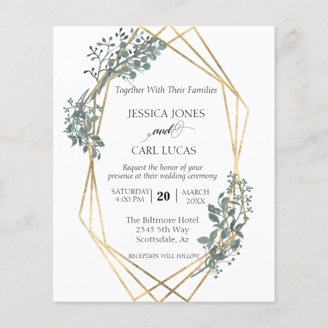 Botanical Greenery Wedding Gold Frame Budget (Front)