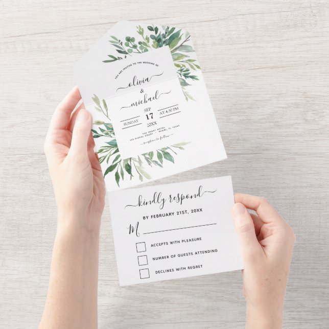 Botanical Greenery Wedding Spring Summer RSVP All In One Invitation (Tearaway)