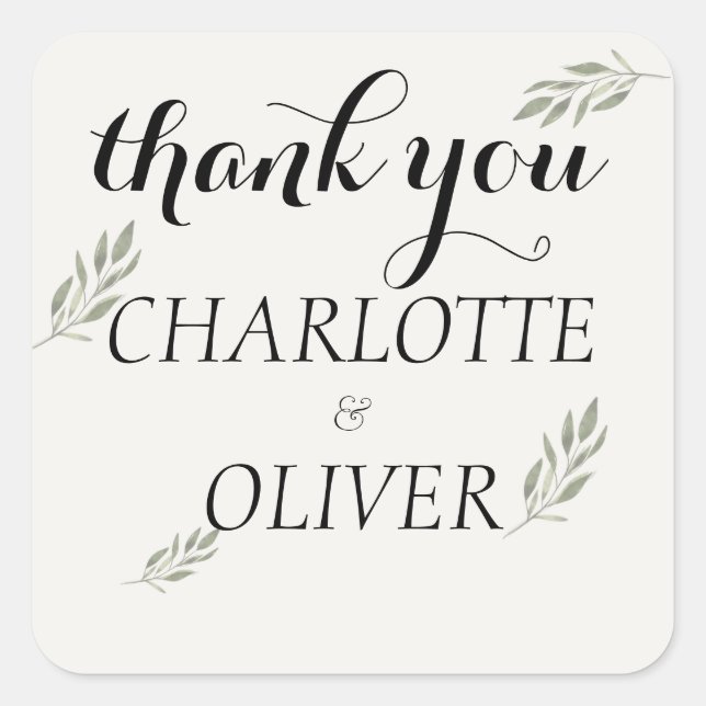Botanical Greenery Wedding Thank You Square Labels (Front)