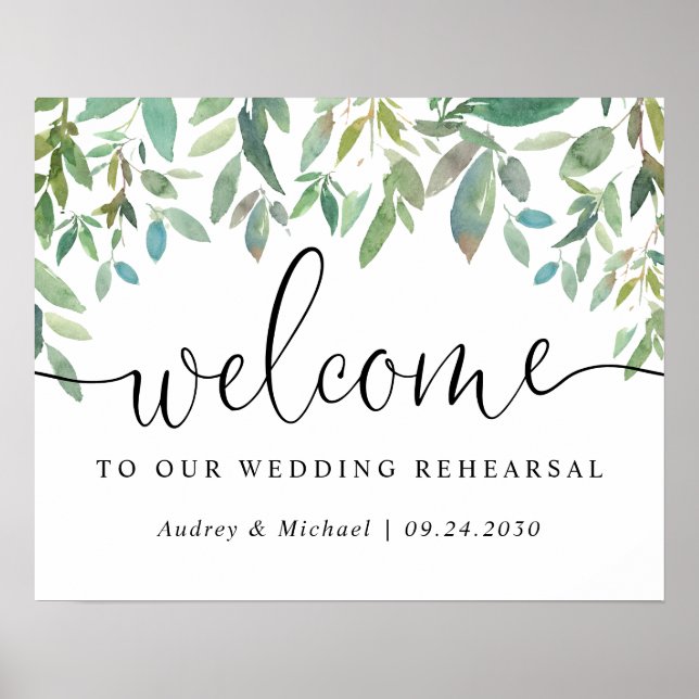 Botanical Greenery Welcome Wedding Rehearsal Poster (Front)