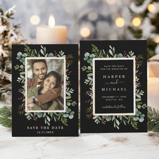 Botanical Greenery Winter Wedding Photo Black Save The Date (Front & Back)
