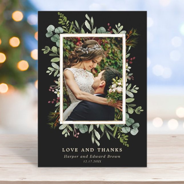 Botanical Greenery Winter Wedding Photo Black Thank You Card (Creator Uploaded)