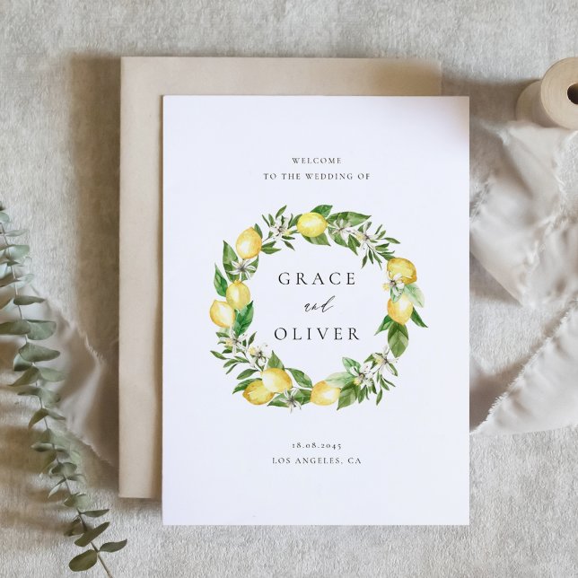 Botanical Greenery with Lemons Wedding Theme Program (Customizable Folded Wedding Program with Watercolor Lemons, Blossoms & Greenery Wreath)