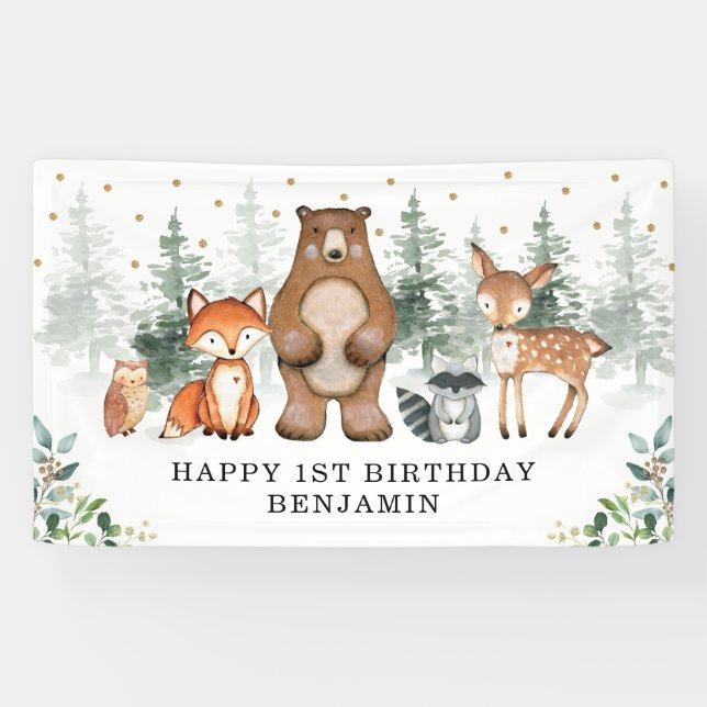 Botanical Greenery Woodland Animals 1st Birthday Banner (Horizontal)
