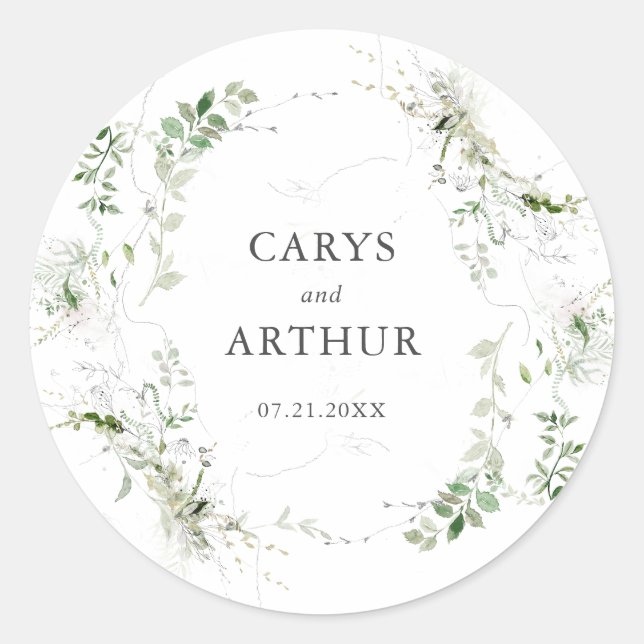 Botanical Greenery Wreath Modern Wedding Classic Round Sticker (Front)