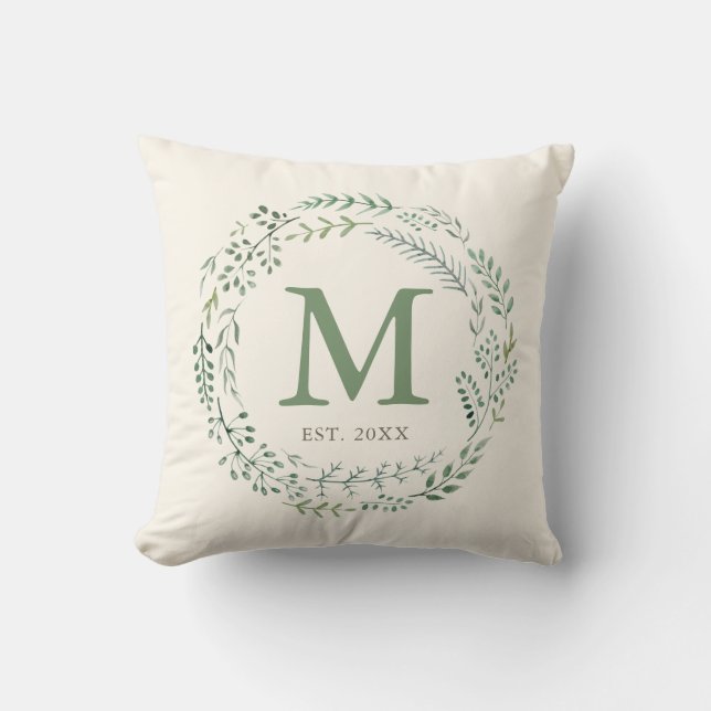 Botanical Greenery Wreath Monogram Established Throw Pillow (Front)