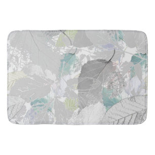 Botanical ,grey, leaves ,white and grey, turquoise bath mat