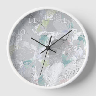 Botanical ,grey, leaves ,white and grey, turquoise clock