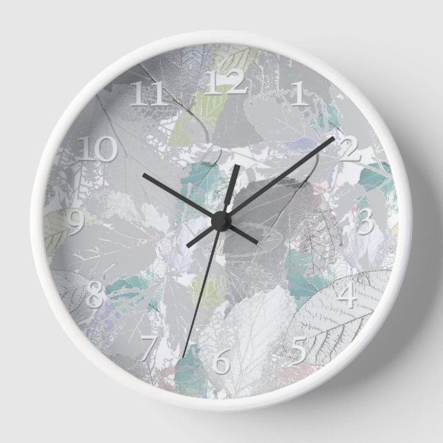 Botanical ,grey, leaves ,white and grey, turquoise clock (Front)