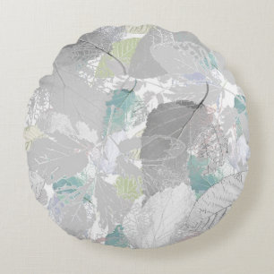 Botanical ,grey, leaves ,white and grey, turquoise round pillow