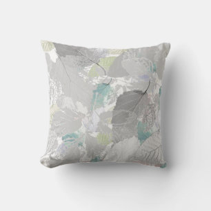 Botanical ,grey, leaves ,white and grey, turquoise throw pillow