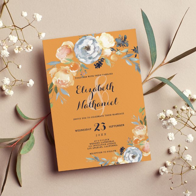 Botanical grey orange white floral wedding  invitation (Botanical gray orange white floral wedding )