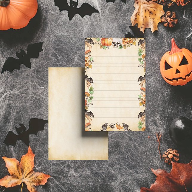Botanical Halloween with Bats and Pumpkins Lined Stationery (Whispers of October linger in pumpkins and foliage, each note a keepsake of haunted nostalgia.)