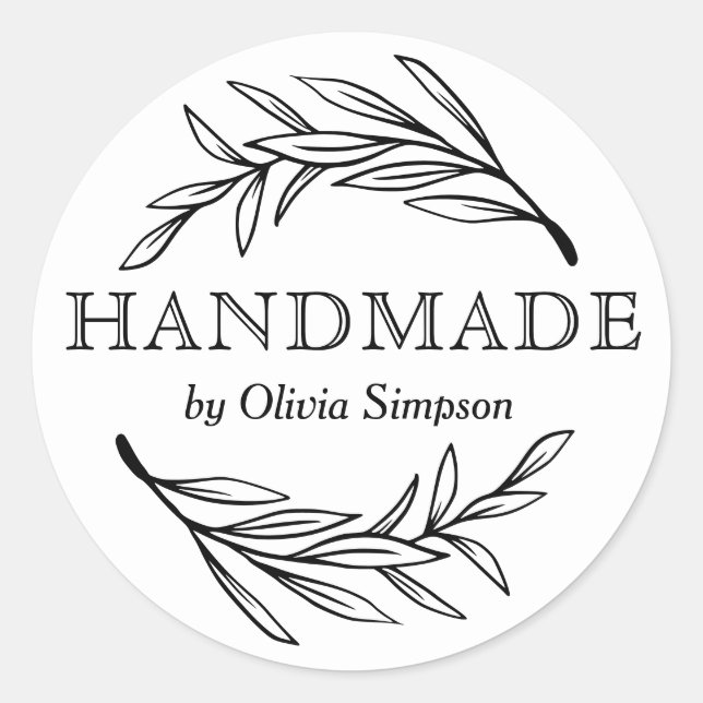 Botanical Handmade White Small Business Custom Classic Round Sticker (Front)