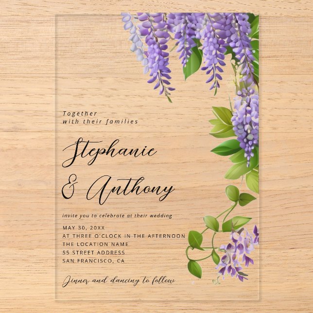 Botanical Hanging Purple Wisteria Wedding  Acrylic Invitations (Front)
