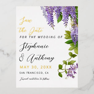 Botanical Hanging Purple Wisteria Wedding  Foil Invitation Postcard