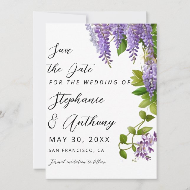 Botanical Hanging Purple Wisteria Wedding  Save The Date (Front)