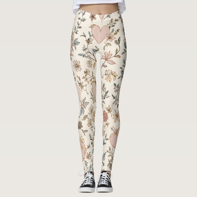 Botanical Hearts Romantic Floral Valentine Pattern Leggings (Front)