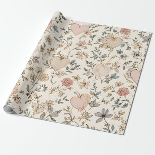 Botanical Hearts Romantic Floral Valentine Pattern Wrapping Paper
