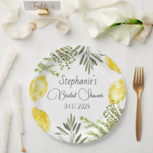 Botanical Herbs Lemons Watercolor Bridal Shower  Paper Plate