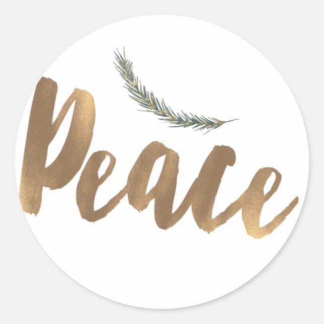 Botanical Holiday Peace Branch Pine Rustic Gold Classic Round Sticker (Front)