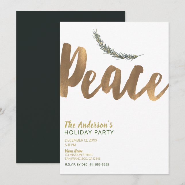 Botanical Holiday Peace Branch Pine Rustic Gold Invitation (Front/Back)