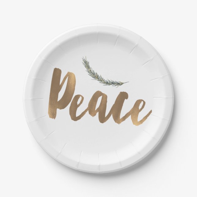 Botanical Holiday Peace Branch Pine Rustic Gold Paper Plate (Front)
