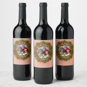 Botanical Holly Berries Foliage Wreath On Pink Wine Label
