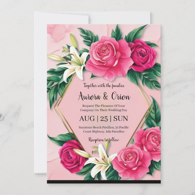 botanical hot pink floral wedding invitations (Front)