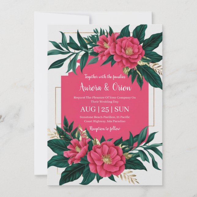 botanical hot pink floral wedding invitations (Front)