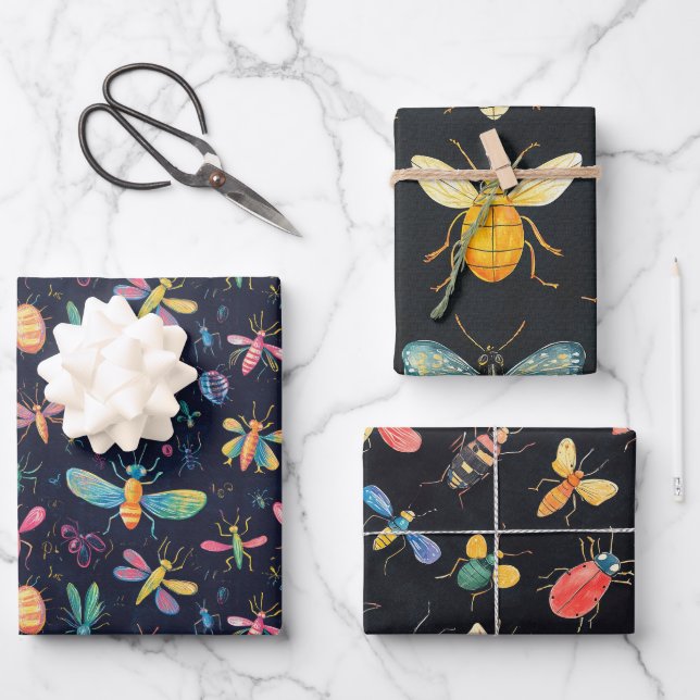 Botanical Insect Collection Chalk Drawing Pattern Wrapping Paper Sheet (Front)
