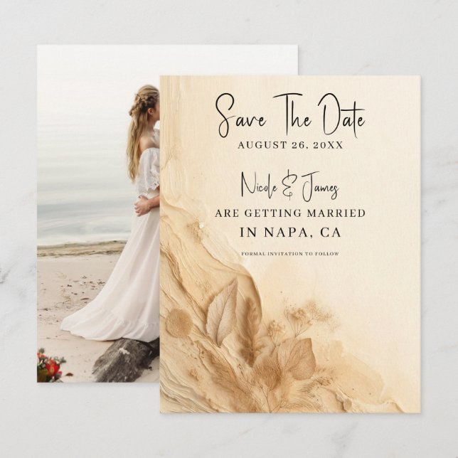 Botanical Ivory Cream Bohemian Textured Save Date Invitation (Front/Back)