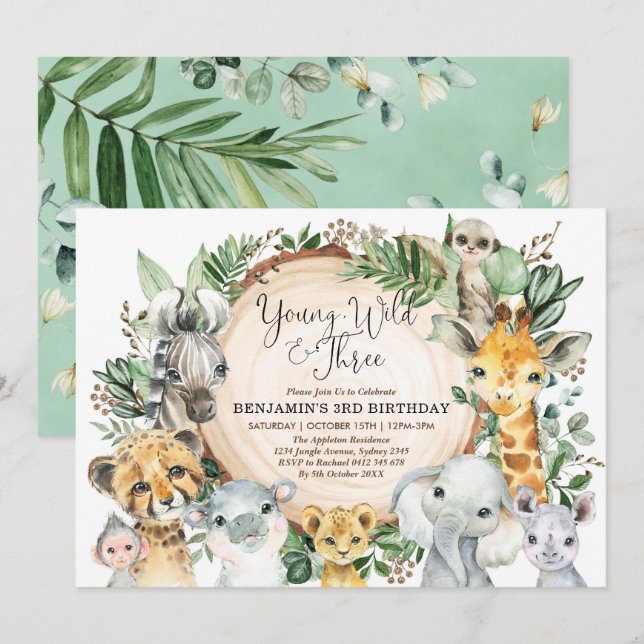 Botanical Jungle Safari Wild Animals 3rd Birthday Invitation (Front/Back)