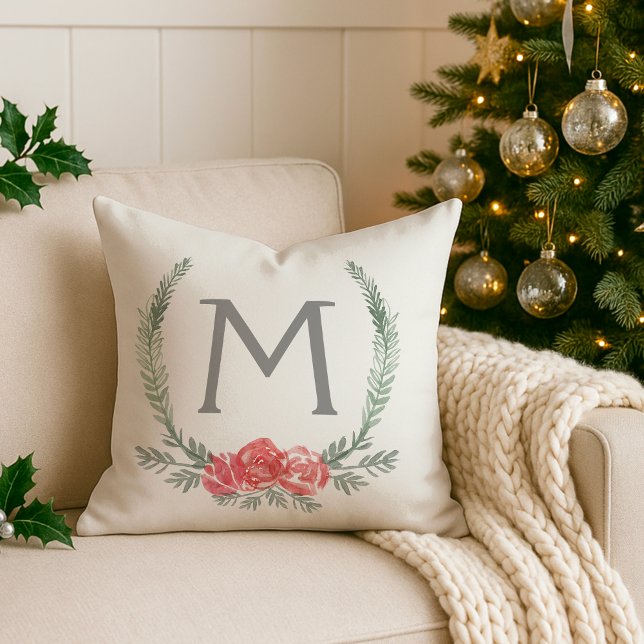 Botanical Laurel Wreath Monogram Throw Pillow (Creator Uploaded)