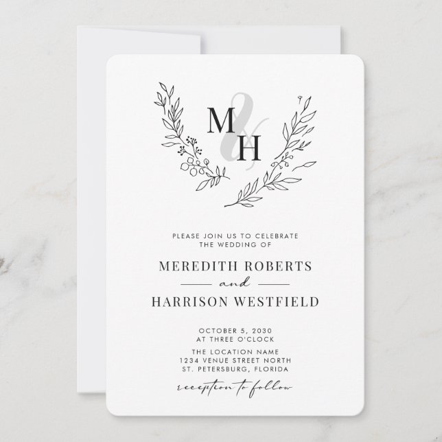 Botanical Laurel Wreath QR Code Monogram Wedding I Invitation (Front)