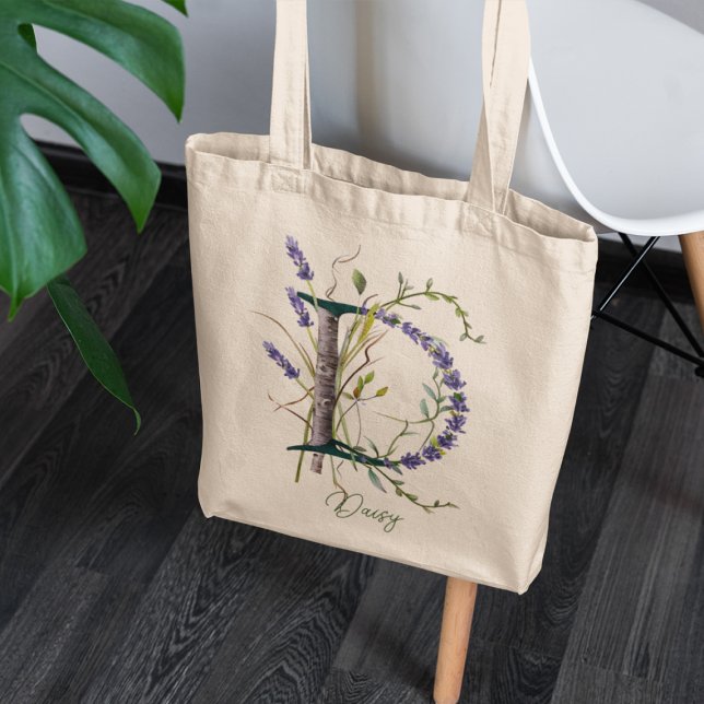 Botanical Lavender 'B' Monogram Custom Name Tote Bag (Creator Uploaded)