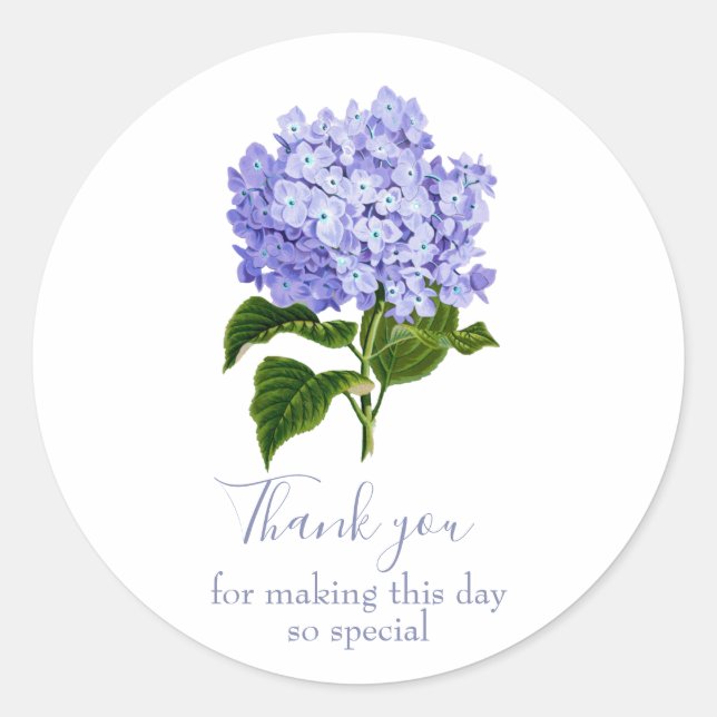 Botanical Lavender Hydrangea Script Thank You Classic Round Sticker (Front)