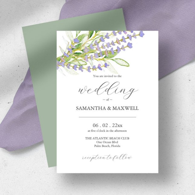 Botanical Lavender Wedding Invitation Watercolor (Wedding invitations watercolor lavender art by Victoria Grigaliunas of Do Tell A Belle sage green)
