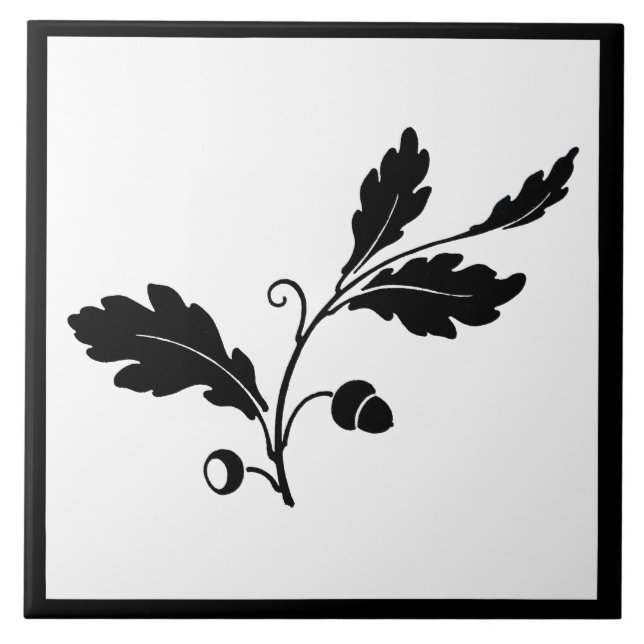Botanical Leaf Acorn Nature Floral Black White Tile (Front)