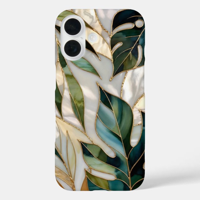 Botanical Leaf iPhone Case Green Gold StainedGlass (Back)