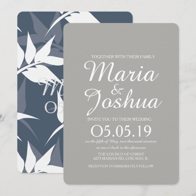Botanical Leaf Pattern Navy Blue Wedding Invitation (Front/Back)