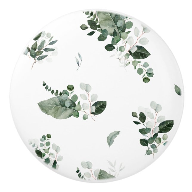 BOTANICAL LEAF WHITE GREEN CUSTOM CERAMIC KNOB (Front)