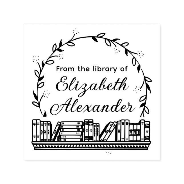 Botanical Leaf Wreath #14 Book Shelf Library Name Self-inking Stamp (Design)