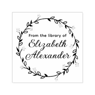 Botanical Leaf Wreath #14 Round Library Book Name Self-inking Stamp